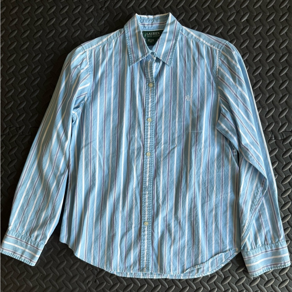 Lauren Ralph Lauren Blue and White Striped Button Down Shirt